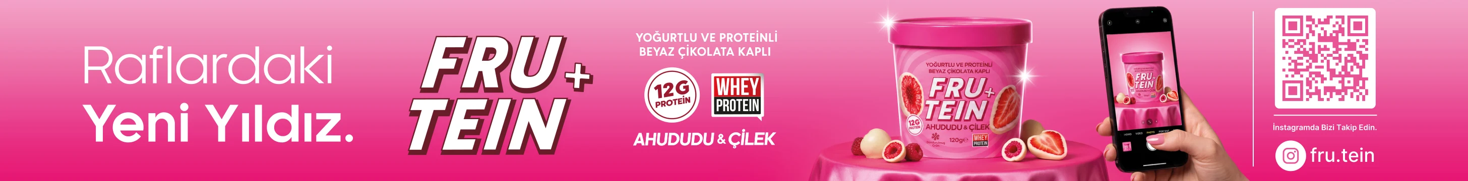 Frutein - Raflardaki Yeni Yıldız - Yoğurtlu ve Proteinli Beyaz Çikolata Kaplı Ahududu & Çilek